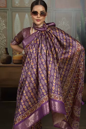Purple silk blend floral printed saree