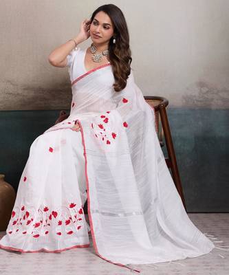 White cotton embroidered woven saree 1