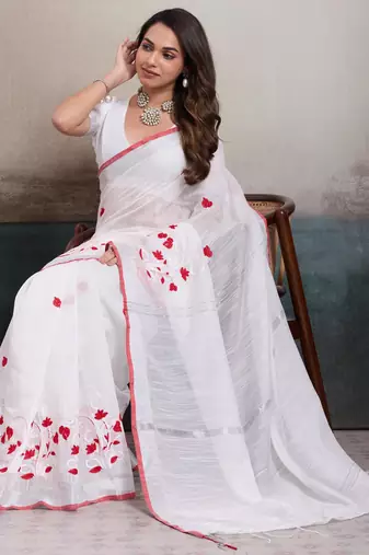 White cotton embroidered woven saree