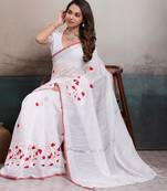 White cotton embroidered woven saree