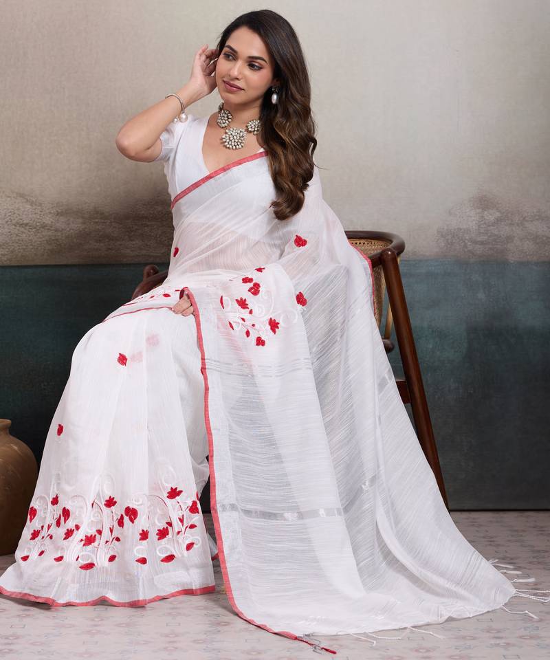 White cotton embroidered woven saree