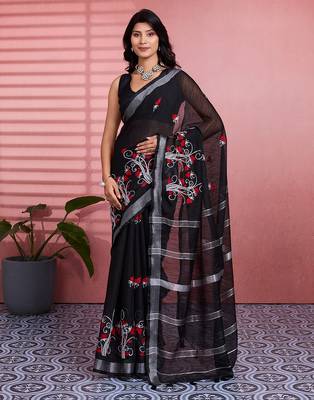 Black cotton embroidered woven saree 1
