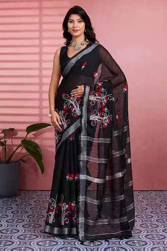 Black cotton embroidered woven saree