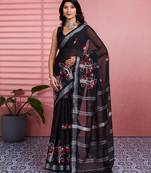 Black cotton embroidered woven saree