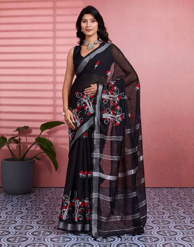 Black cotton embroidered woven saree