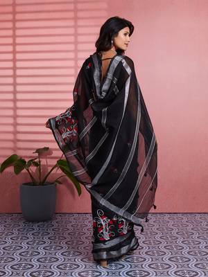 Black cotton embroidered woven saree 2