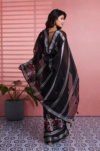 Black cotton embroidered woven saree