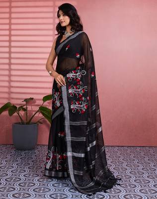 Black cotton embroidered woven saree 3