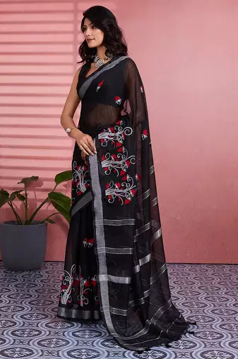 Black cotton embroidered woven saree