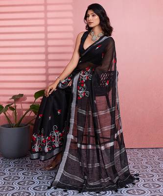 Black cotton embroidered woven saree 4