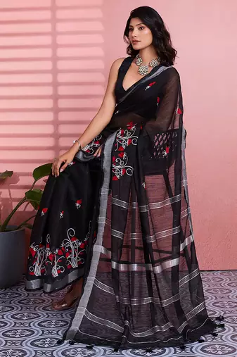 Black cotton embroidered woven saree