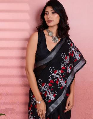Black cotton embroidered woven saree 5