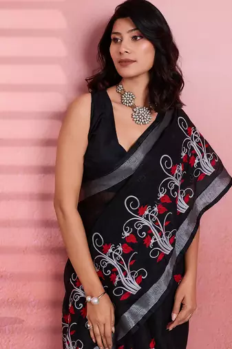 Black cotton embroidered woven saree