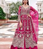 Rani pink butterfly net heavy embroidered semi-stitched suit set with dupatta