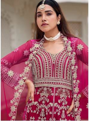 Rani pink butterfly net heavy embroidered semi-stitched suit set with dupatta 3