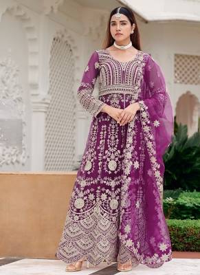 Purple butterfly net heavy embroidered semi-stitched suit set with dupatta 1