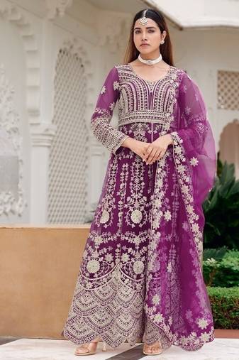 Purple butterfly net heavy embroidered semi-stitched suit set with dupatta