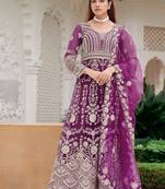Purple butterfly net heavy embroidered semi-stitched suit set with dupatta