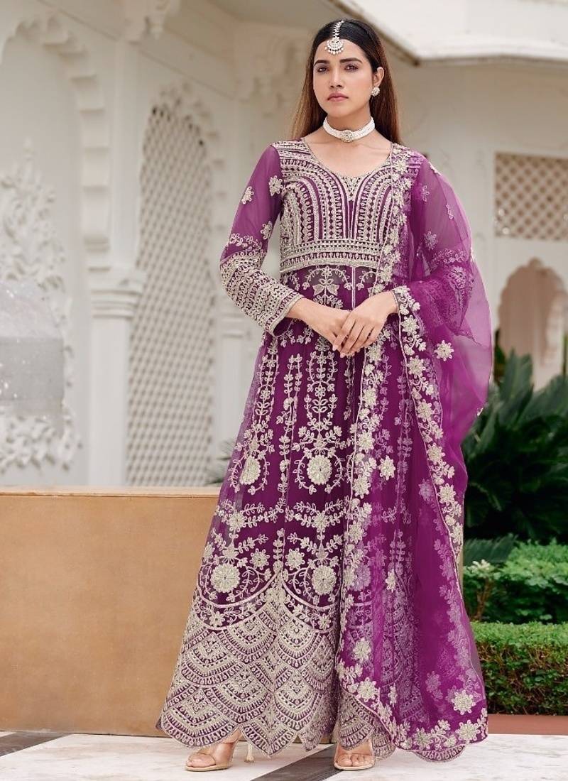 Purple butterfly net heavy embroidered semi-stitched suit set with dupatta