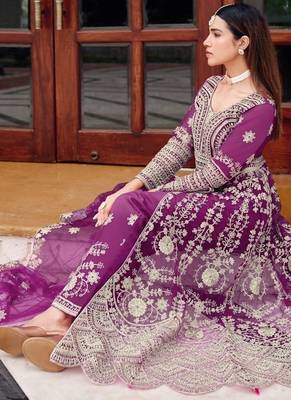 Purple butterfly net heavy embroidered semi-stitched suit set with dupatta 2