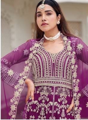 Purple butterfly net heavy embroidered semi-stitched suit set with dupatta 3