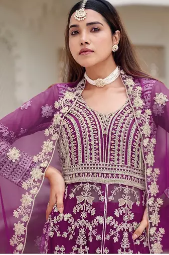 Purple butterfly net heavy embroidered semi-stitched suit set with dupatta