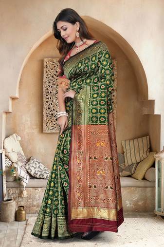 Bottle Green Banarasi Cotton Silk Saree with Maroon Woven Pallu and Traditional Zari Design