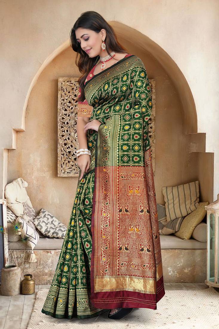 Bottle Green Banarasi Cotton Silk Saree with Maroon Woven Pallu and Traditional Zari Design