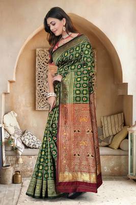 Bottle Green Banarasi Cotton Silk Saree with Maroon Woven Pallu and Traditional Zari Design 1