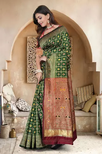 Bottle Green Banarasi Cotton Silk Saree with Maroon Woven Pallu and Traditional Zari Design