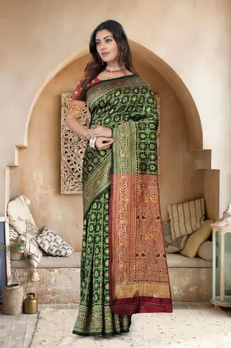 Bottle Green Banarasi Cotton Silk Saree with Maroon Woven Pallu and Traditional Zari Design