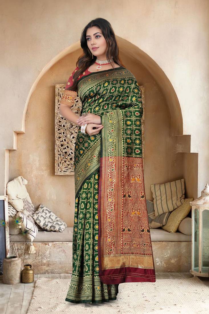 Bottle Green Banarasi Cotton Silk Saree with Maroon Woven Pallu and Traditional Zari Design
