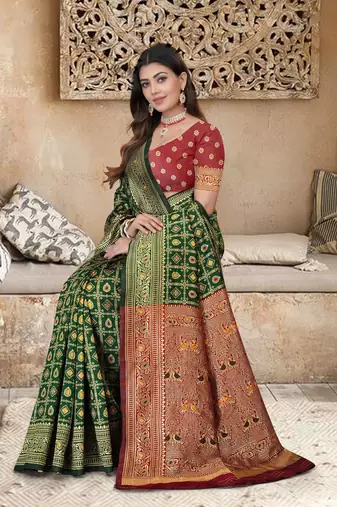 Bottle Green Banarasi Cotton Silk Saree with Maroon Woven Pallu and Traditional Zari Design