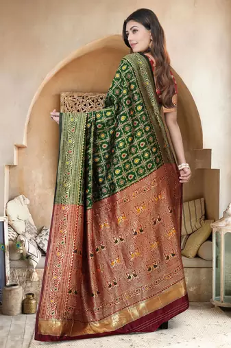 Bottle Green Banarasi Cotton Silk Saree with Maroon Woven Pallu and Traditional Zari Design