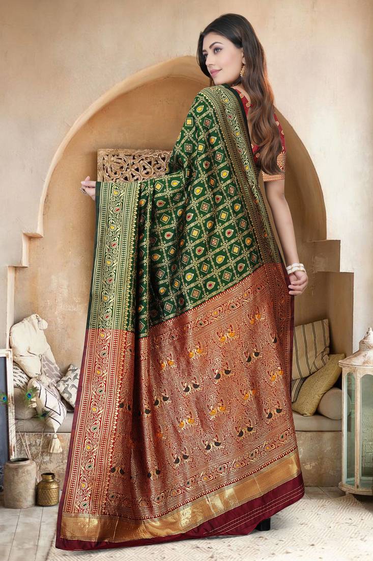 Bottle Green Banarasi Cotton Silk Saree with Maroon Woven Pallu and Traditional Zari Design