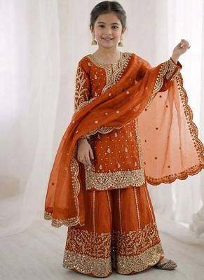 Girls orange fendy silk embroidered kurta with plazzo and dupatta set 1