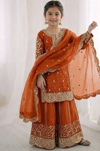 Girls orange fendy silk embroidered kurta with plazzo and dupatta set