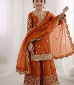 Girls orange fendy silk embroidered kurta with plazzo and dupatta set