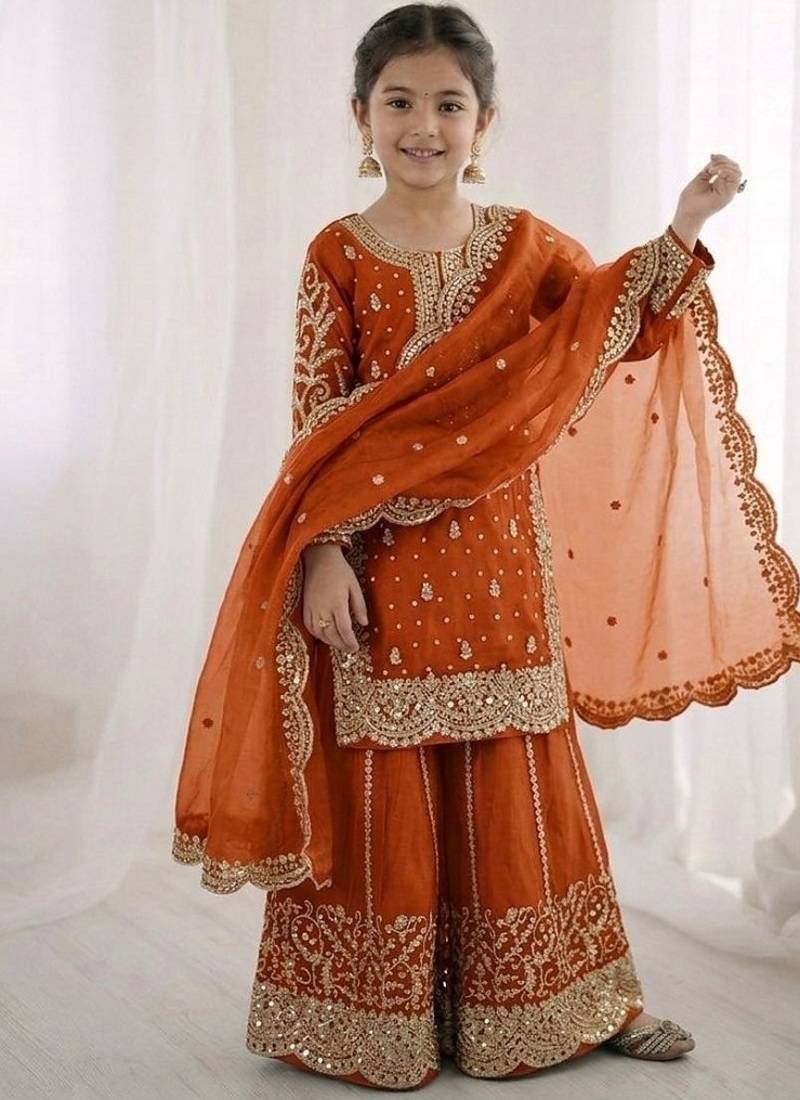 Girls orange fendy silk embroidered kurta with plazzo and dupatta set