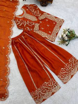 Girls orange fendy silk embroidered kurta with plazzo and dupatta set 2