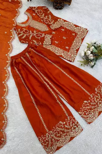 Girls orange fendy silk embroidered kurta with plazzo and dupatta set