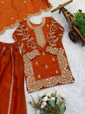 Girls orange fendy silk embroidered kurta with plazzo and dupatta set 3