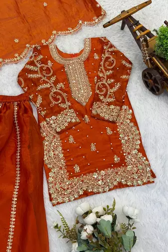 Girls orange fendy silk embroidered kurta with plazzo and dupatta set