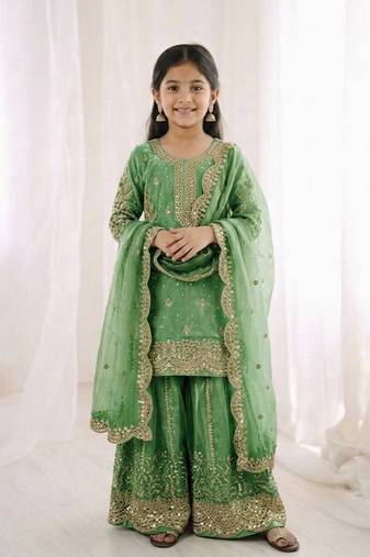 Girls pista fendy silk embroidered kurta with plazzo and dupatta set