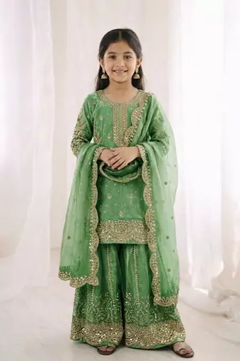 Girls pista fendy silk embroidered kurta with plazzo and dupatta set
