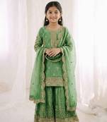 Girls pista fendy silk embroidered kurta with plazzo and dupatta set