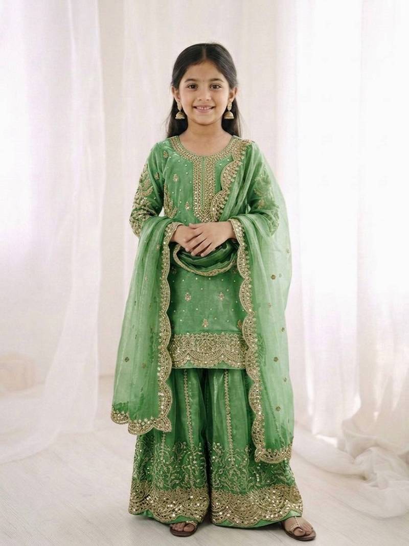 Girls pista fendy silk embroidered kurta with plazzo and dupatta set