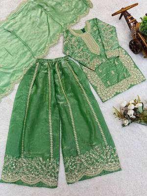 Girls pista fendy silk embroidered kurta with plazzo and dupatta set 2