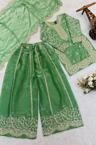 Girls pista fendy silk embroidered kurta with plazzo and dupatta set