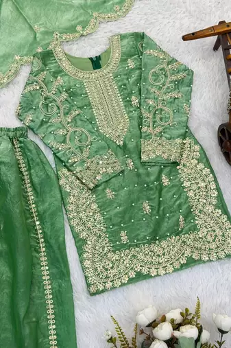 Girls pista fendy silk embroidered kurta with plazzo and dupatta set